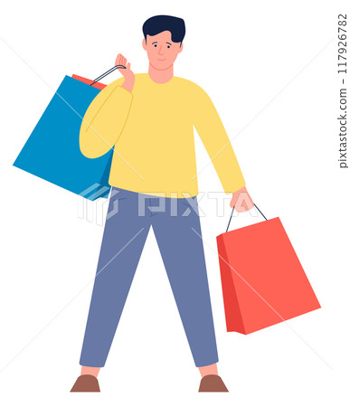 Sale shopping man. Happy customer with retail bags Sale shopping man. Happy customer with retail bags 117926782