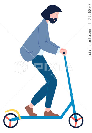Bearded man riding scooter. Businessman city travel Bearded man riding scooter. Businessman city travel 117926850