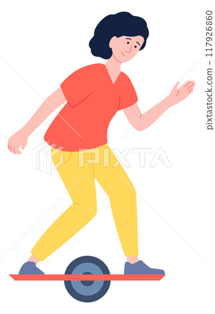 Woman ride hoverboard. Urban personal balancing transport Woman ride hoverboard. Urban personal balancing transport 117926860