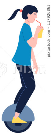 Mono wheel scooter driver. Woman on eco transport 117926863