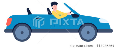 Man driving blue car. Convertible auto trip Man driving blue car. Convertible auto trip 117926865