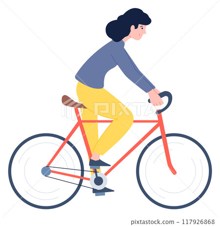 Woman ride bicycle. Female cyclist color character Woman ride bicycle. Female cyclist color character 117926868