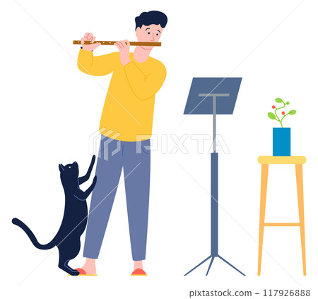 Boy playing flute. Music hobby lesson icon 117926888