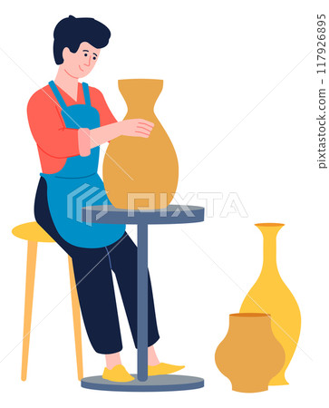 Pottery illustration. Man making clay craft vase 117926895