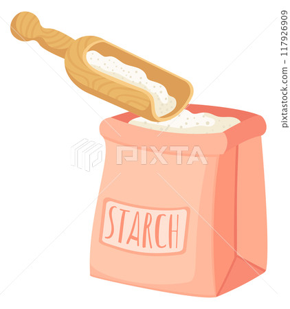 Starch bag with wooden spoon. Cooking ingredient icon Starch bag with wooden spoon. Cooking ingredient icon 117926909