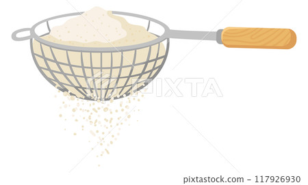 Sifting flour with metal sieve. Cooking cartoon icon 117926930