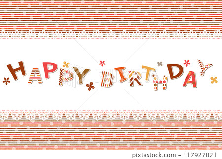 White lace with patch-like lettering HAPPY BIRTHDAY, clover and small flowers 117927021