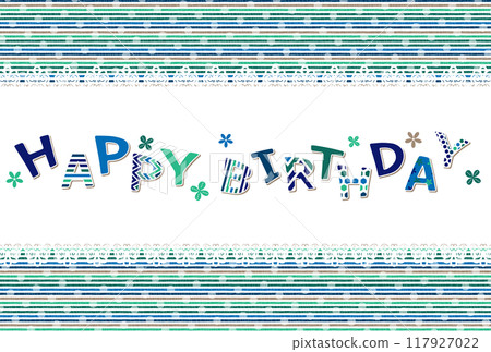 White lace with patch-like lettering HAPPY BIRTHDAY, clover and small flowers 117927022