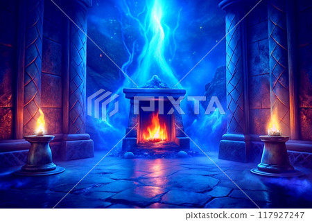 Burning fireplace in mystical blue hall with columns 117927247