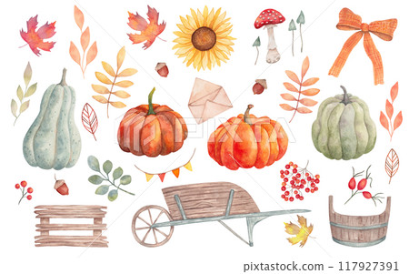 Collection of autumn elements. Pumpkins, maple leaves, sunflower, mushrooms, acorn, rose hips, rowan. Watercolor illustration. Wooden objects cart, box. Hand drawn isolated Thanksgiving clipart 117927391