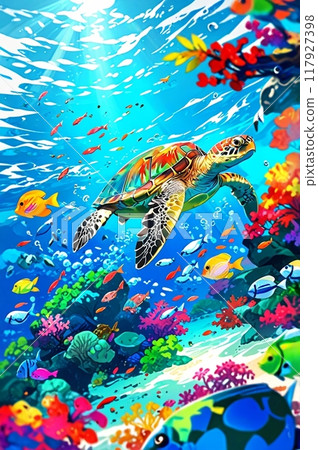 Colorful tropical sea and sea turtles illustration image Colorful tropical sea and sea turtles illustration image 117927398