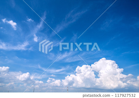 Summer sky over Yokohama cityscape in Japan. Extreme heat continues across the Japanese archipelago... Power lines and huge cumulonimbus clouds... Electricity prices soar... = August 15th Summer sky over Yokohama cityscape in Japan. Extreme heat continues across the Japanese archipelago... Power lines and huge cumulonimbus clouds... Electricity prices soar... = August 15th 117927532