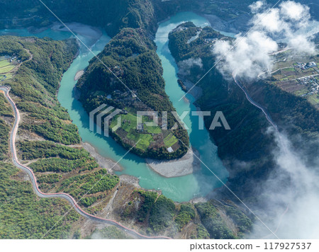 Aerial view of beautiful snow mountains and nujiang river in Tibet,China Aerial view of beautiful snow mountains and nujiang river in Tibet,China 117927537