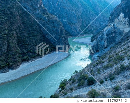 Aerial view of beautiful nujiang river in Tibet,China Aerial view of beautiful nujiang river in Tibet,China 117927542