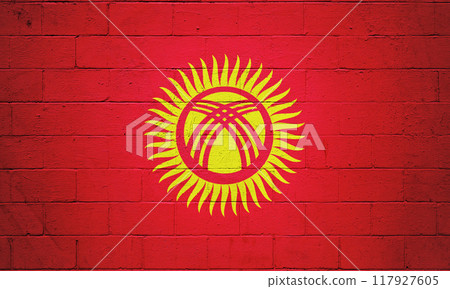 Flag of Kyrgyzstan painted on a wall Flag of Kyrgyzstan painted on a wall 117927605