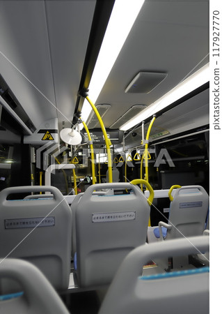 The interior of a Tokyo bus that has been converted into a fuel cell bus 117927770