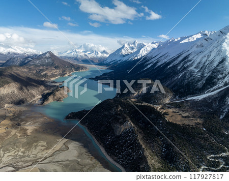 Aerial view of beautiful snow mountains and lake in Tibet,China 117927817