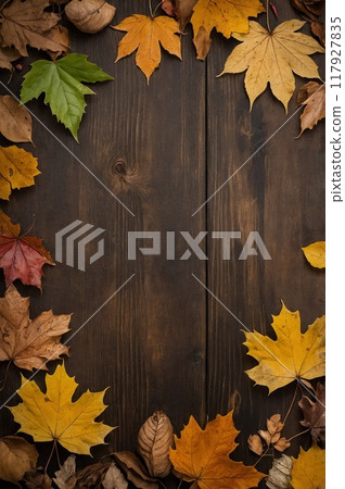 Colorful autumn frame with autumn leaves and wood grain background 117927835