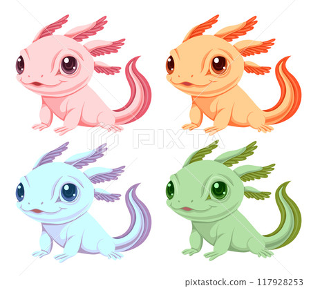 Vector set of cute colorful axolotls cliparts in cartoon style isolated from background. Illustration of lovely amphibian 117928253