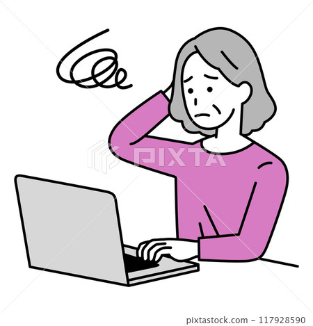 Confused elderly woman working on a laptop Confused elderly woman working on a laptop 117928590