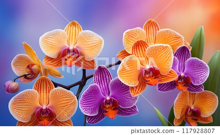 Beautiful purple and orange orchids bloom against a vibrant colorful background orange and purple 117928807