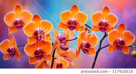 Beautiful purple and orange orchids bloom against a vibrant colorful background orange and purple 117928818