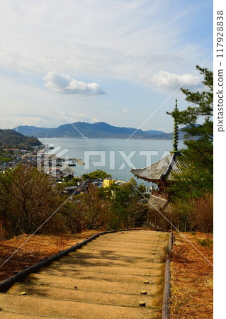 View of the three-story pagoda and the Seto Inland Sea from Kojoji Temple View of the three-story pagoda and the Seto Inland Sea from Kojoji Temple 117928838