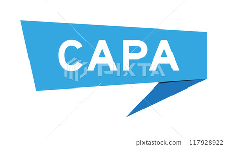 Blue color speech banner with word CAPA (abbreviation of corrective action and preventive action) on white background 117928922