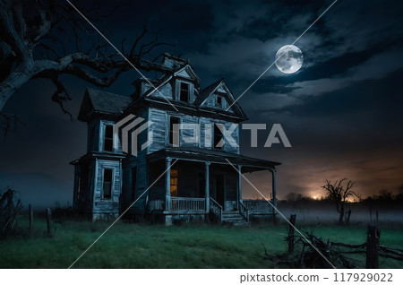 A haunted house with dead tree on Halloween night. A haunted house with dead tree on Halloween night. 117929022