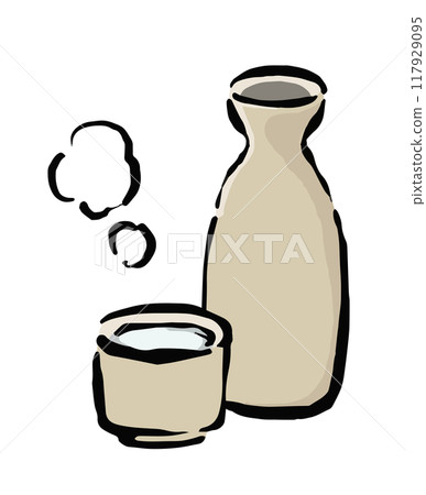 熱清酒與清酒瓶和清酒瓶的插圖 熱清酒與清酒瓶和清酒瓶的插圖 117929095