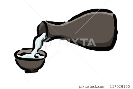 Illustration of pouring sake into a small cup using a tokkuri Illustration of pouring sake 117929100
