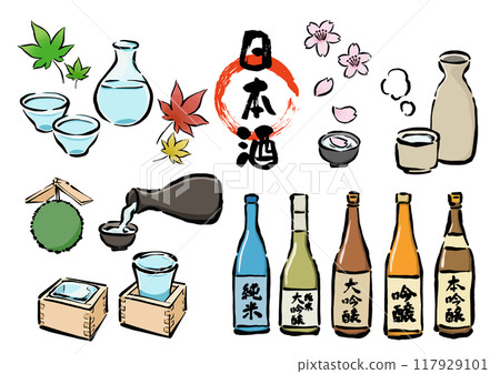Sake party hand-drawn line drawing illustration set 117929101