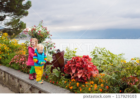 Kids walking in Montreux, Switzerland 117929103