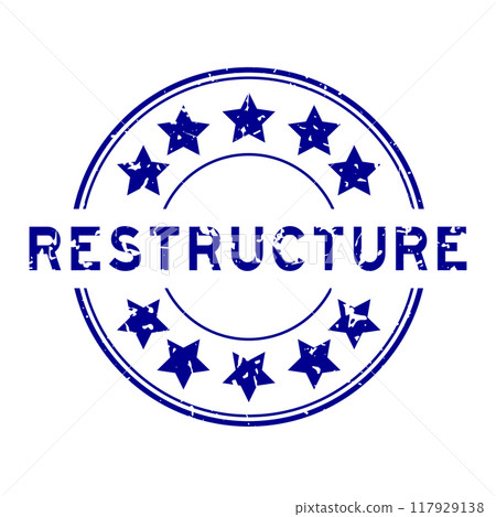 Grunge blue restructure word with star icon round rubber seal stamp on white background Grunge blue restructure word with star icon round rubber seal stamp on white background 117929138