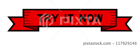 Ribbon label banner with word try it now in red color on white background 117929148