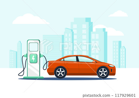 Red car and charging station and city Red car and charging station and city 117929601