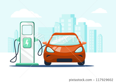 Red car and charging station and city Red car and charging station and city 117929602