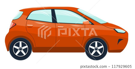 Red hatchback car side view Red hatchback car side view 117929605