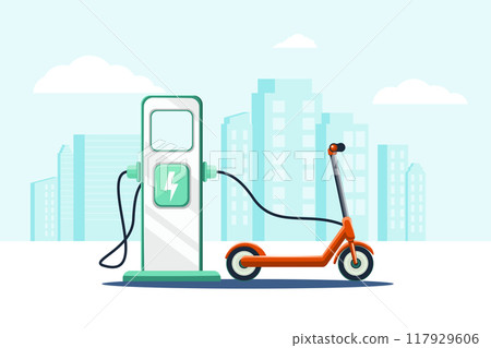 Red kick scooter charging Red kick scooter charging 117929606