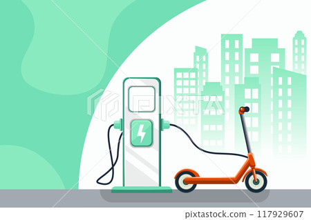 Red kick scooter charging Red kick scooter charging 117929607