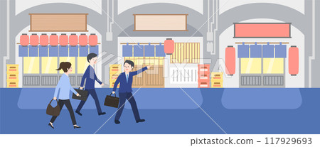 男女上班族在高架鐵路下的酒吧喝酒。 117929693