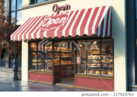A small, colorful store with a sign that says Open with Generative AI 117929763