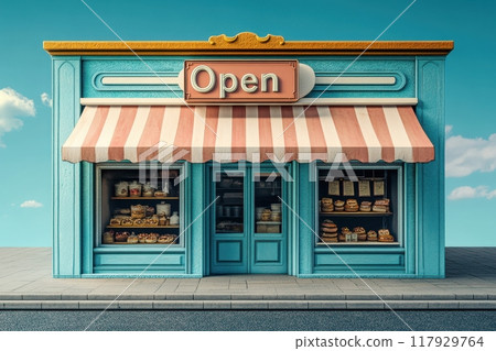 A small, colorful store with a sign that says Open with Generative AI 117929764