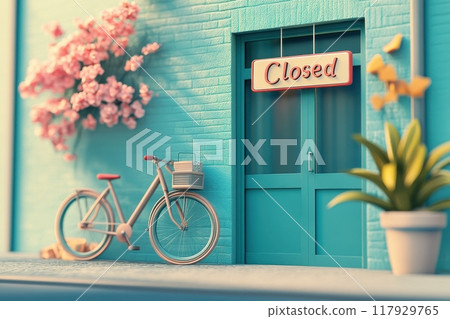 A closed sign hangs above a blue door with Generative AI 117929765