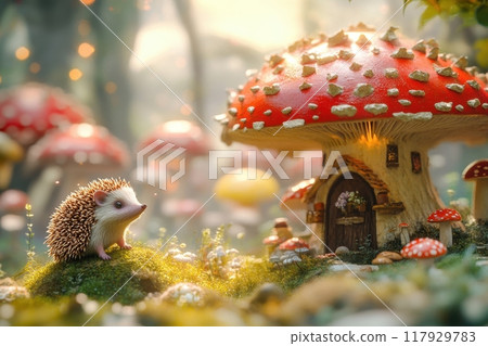 A small hedgehog is standing under a large red mushroom with Generative AI 117929783