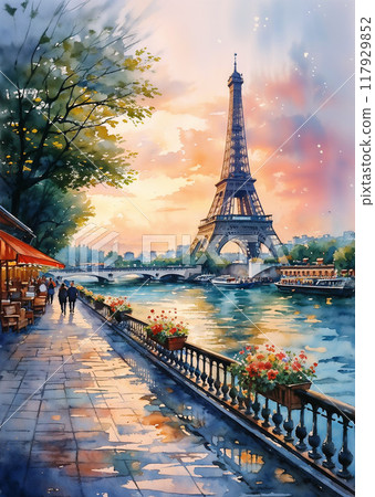 Paris, France. Eiffel Tower at sunset. Watercolor painting. 117929852