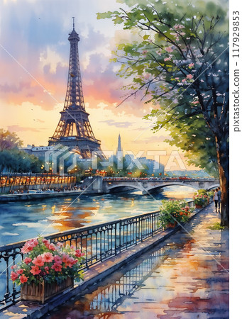 Eiffel Tower in Paris, France. Painting on canvas. 117929853