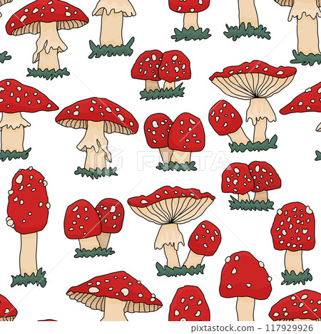 Seamless pattern forest autumn doodle amanita mushrooms on white background. Vector botanical cartoon hand drawn illustration print that can be used for wallpapers or clothes Seamless pattern forest autumn doodle amanita mushrooms on white background. Vector botanical cartoon hand drawn illustration print that can be used for wallpapers or clothes 117929926