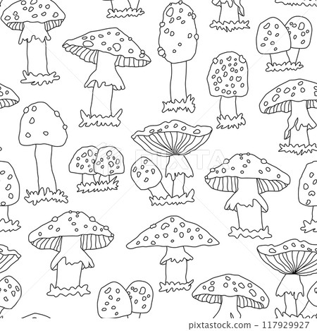 Black white outline doodle line seamless pattern of amanita mushrooms on white background. Vector cartoon hand drawn sketch illustration that can be used for coloring book, fabric, prints 117929927
