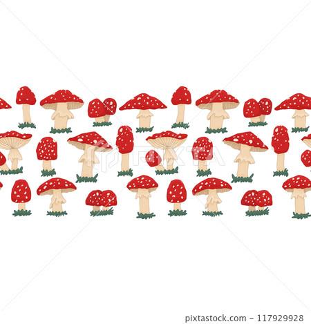 Horizontal repeatable border of Red cute amanita mushrooms with grass. Vector seamless border on a white background for kids Horizontal repeatable border of Red cute amanita mushrooms with grass. Vector seamless border on a white background for kids 117929928